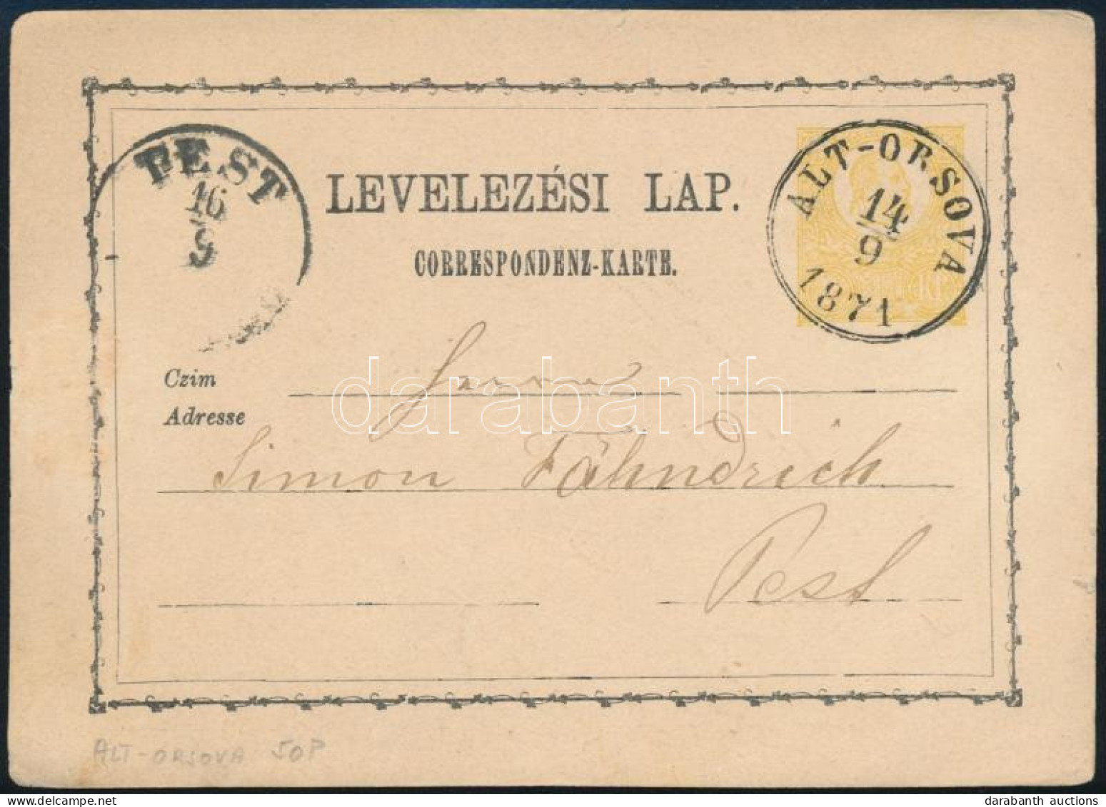 1871 2kr Díjjegyes Levelezőlap / PS-card "ALT-ORSOVA" - Autres & Non Classés