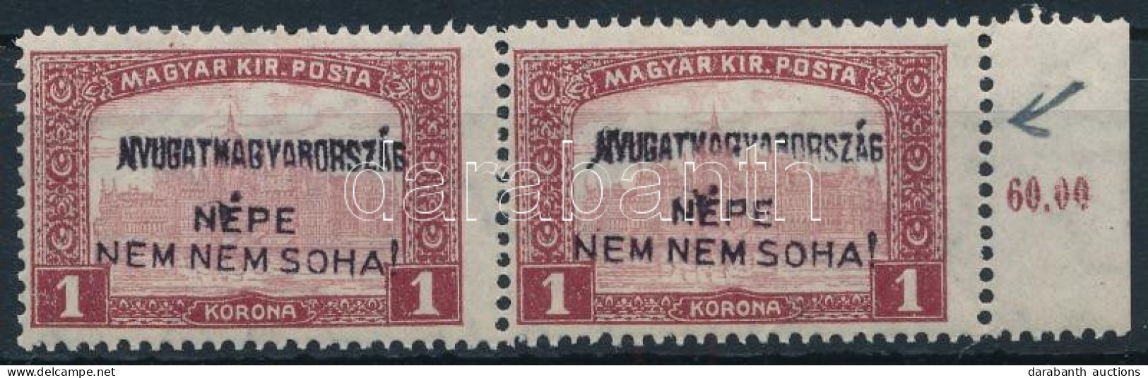 * Nyugat-Magyarország IV. 1921 Parlament 1K ívszéli Pár, Az Egyik Bélyegen Hiányos Felülnyomat! / Mi 39 Margin Pair, 1 S - Sonstige & Ohne Zuordnung