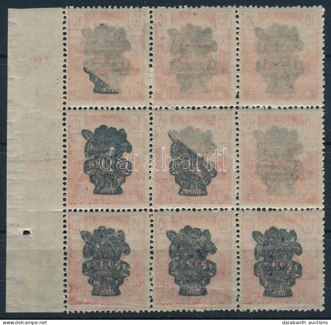 ** 1920 Búzakalász 10f ívszéli 9-es Tömb Részleges Gépszínátnyomattal / Mi 297 Block Of 9, Machine Offset - Other & Unclassified