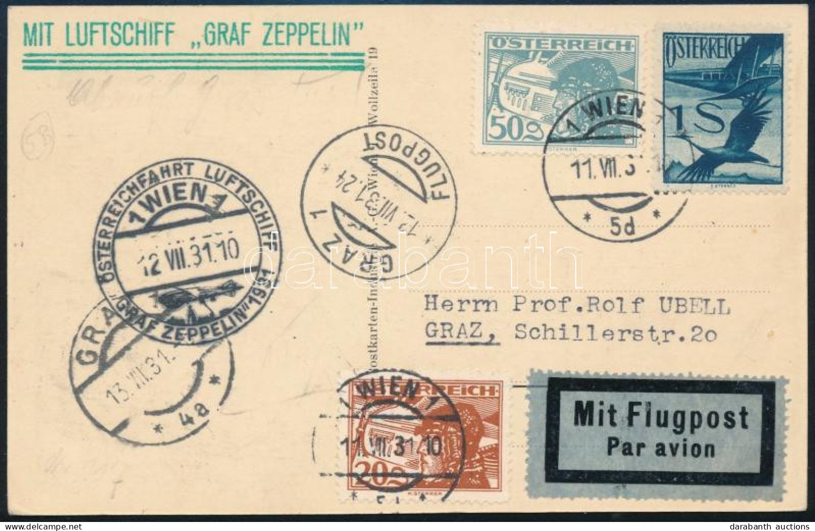 1931 Zeppelin Ausztria Körrepülés Képeslap Bécsből Grazba / Zeppelin Austria Round Flight Postcard To Graz "ÖSTERREICHFA - Sonstige & Ohne Zuordnung