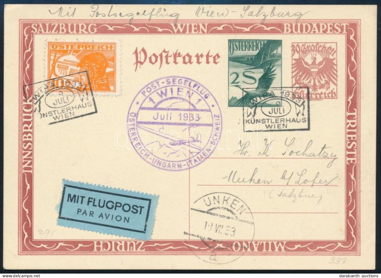 1933 Díjkiegészített Díjjegyes Légi Levelezőlap / Airmail Postcard With Additional Franking "ÖSTERREICH-UNGARN-ITALIEN-S - Andere & Zonder Classificatie