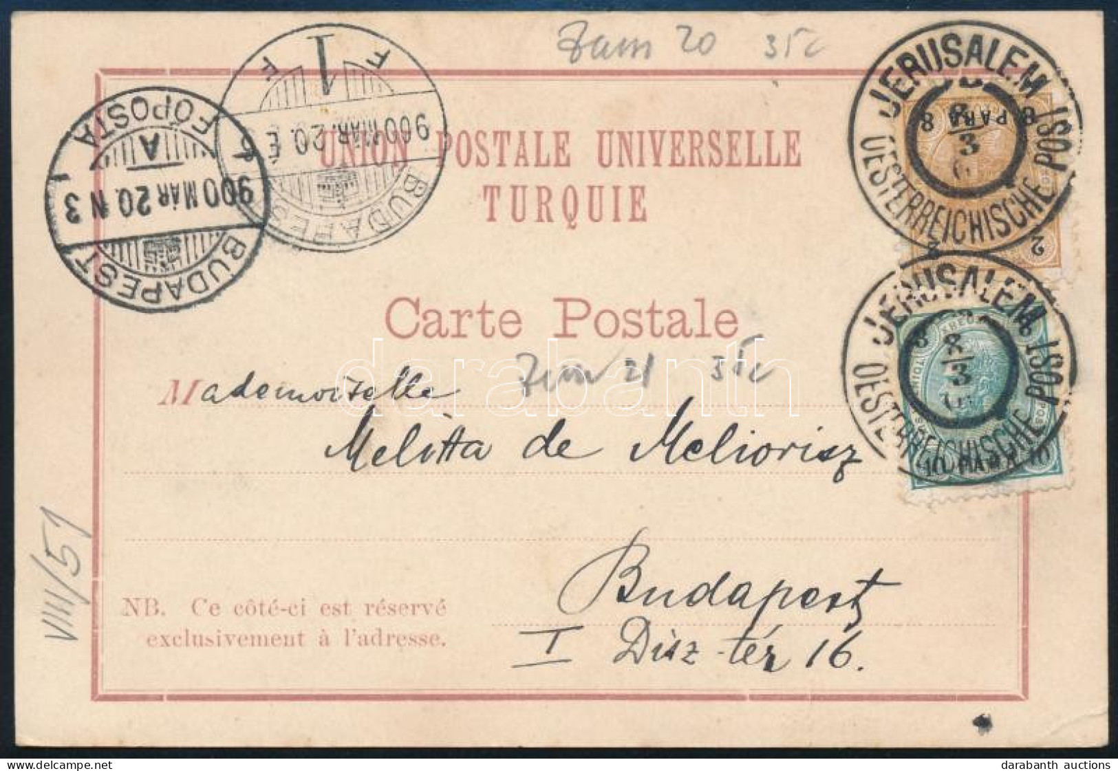 1900 Levelezőlap 2 Bélyeggel Budapestre / Postcard With 2 Stamps To Hungary "JERUSALEM" - Andere & Zonder Classificatie