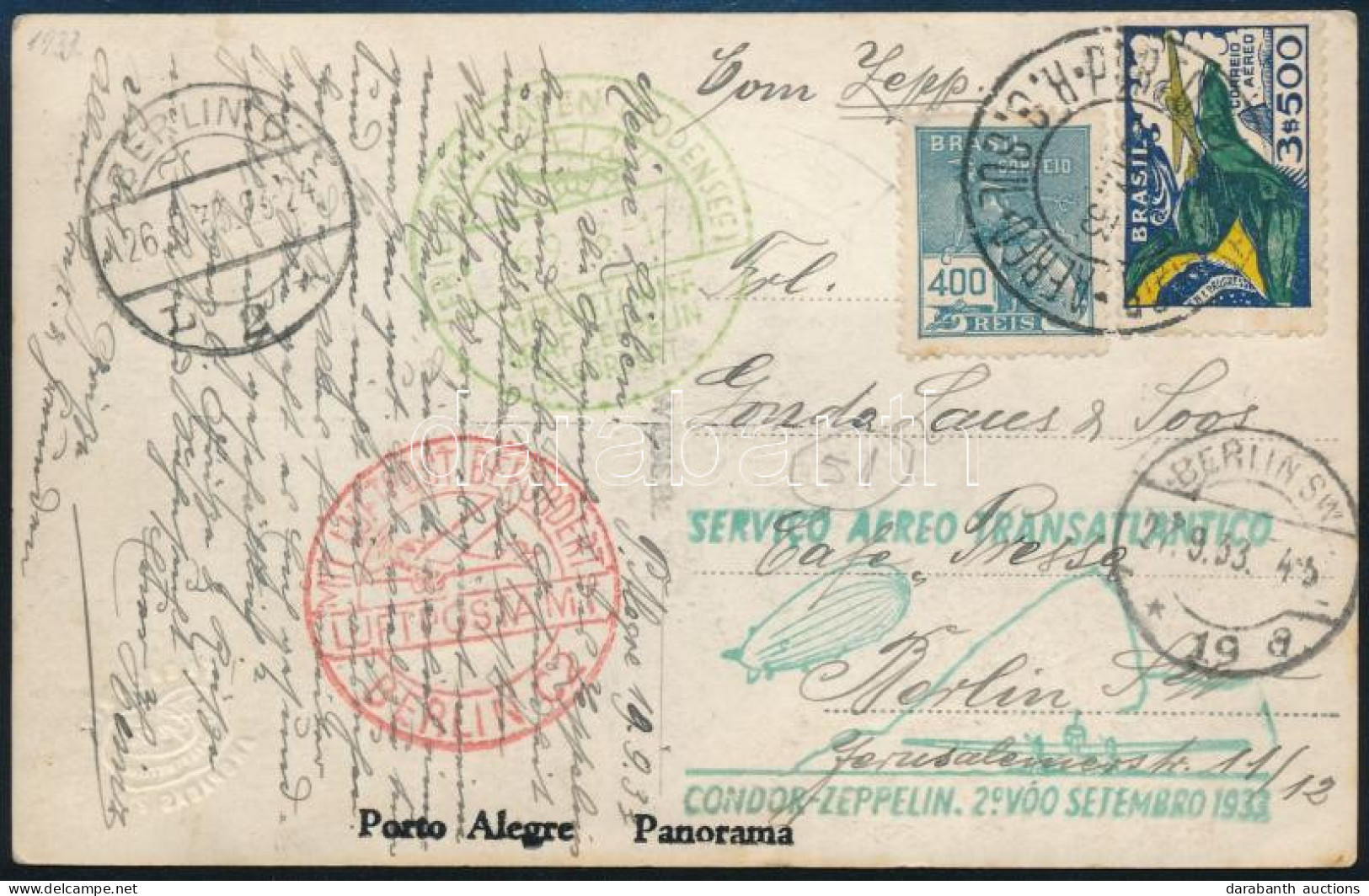 1933 Zeppelin 7. Dél Amerikai Repülés Levelezőlap Berlinbe / Zeppelin 7th South America Flight Postcard To Germany - Sonstige & Ohne Zuordnung