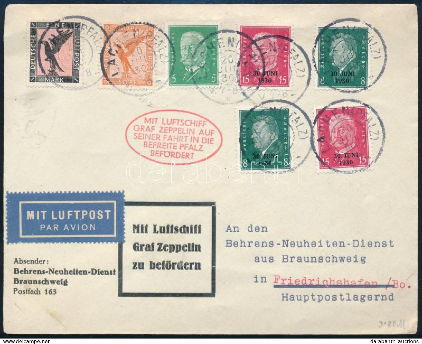 1930 Zeppelin Légi Levél A Felszabadult Pfalzba / Zeppelin Flight Cover To The Liberated Pfalz - Other & Unclassified