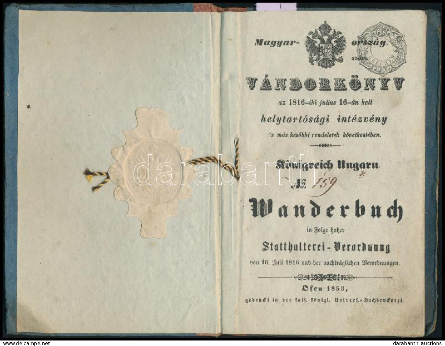 1854-1857 Sopron (Oedenburg), Vándorkönyv Hartner János Kéményseprőlegény Részére, A Címlapon 6 Kr Szignettával - Ohne Zuordnung