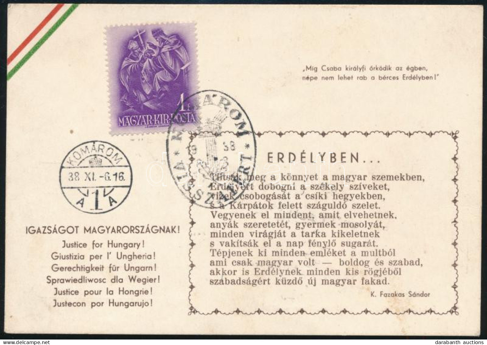 1938 Irredenta Levelezőlap Igazságot Magyarországnak és Erdélyben C. Versekkel - Zonder Classificatie