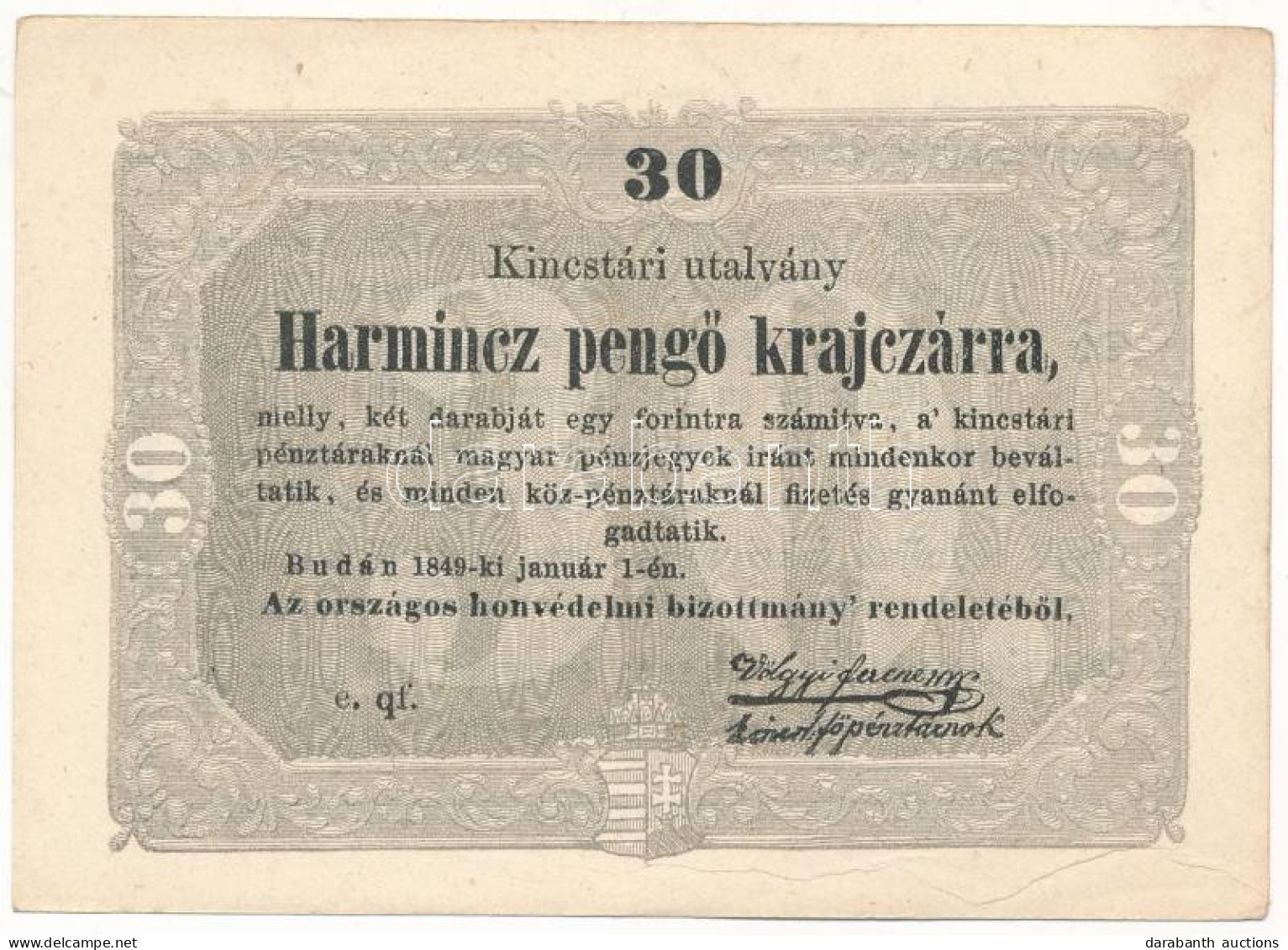 1849. 30kr "Kossuth Bankó" Hátoldalon 1901-ből Származó Kézírásos Megjegyzéssel, Nyomdai Papírránccal T:AU / Hungary 184 - Zonder Classificatie