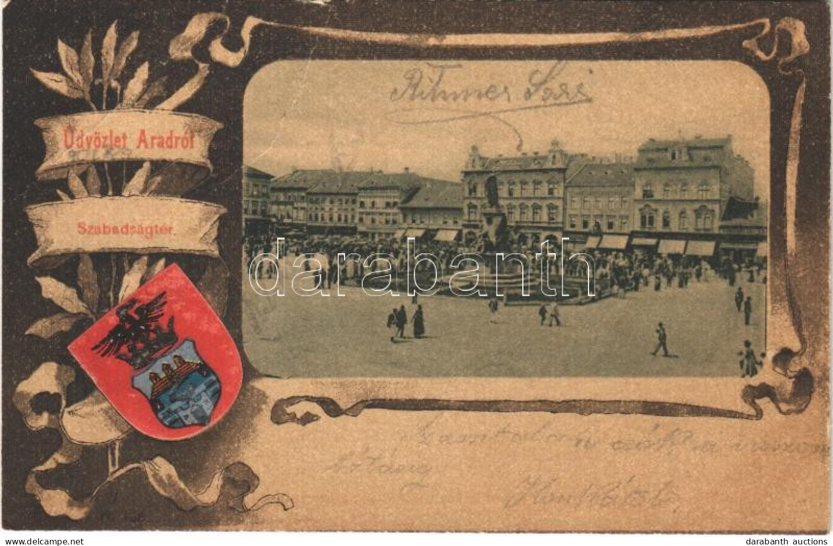 T3/T4 1902 Arad, Szabadság Tér, Piac, üzletek. Szecessziós Litho Keret Címerrel / Market Square, Shops. Art Nouveau Lith - Sin Clasificación
