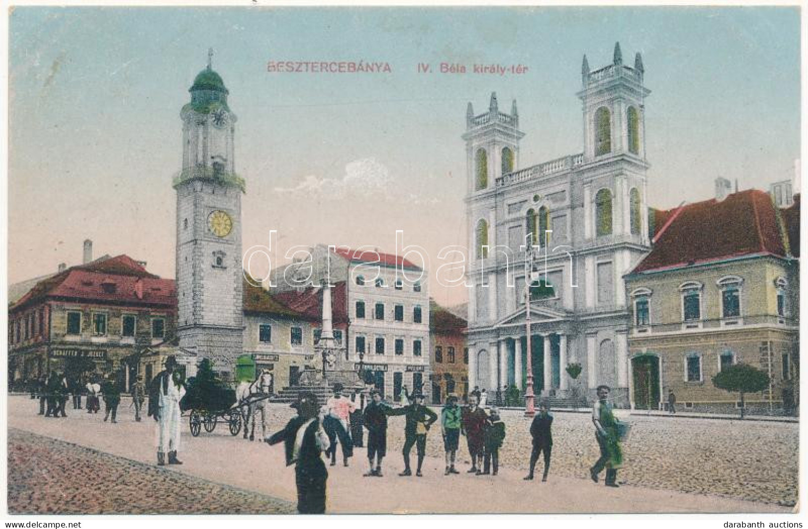 ** T2/T3 Besztercebánya, Banská Bystrica; IV. Béla Király Tér, Schäffer József, Ehrenwald Gyula üzlete / Square, Shops ( - Non Classés