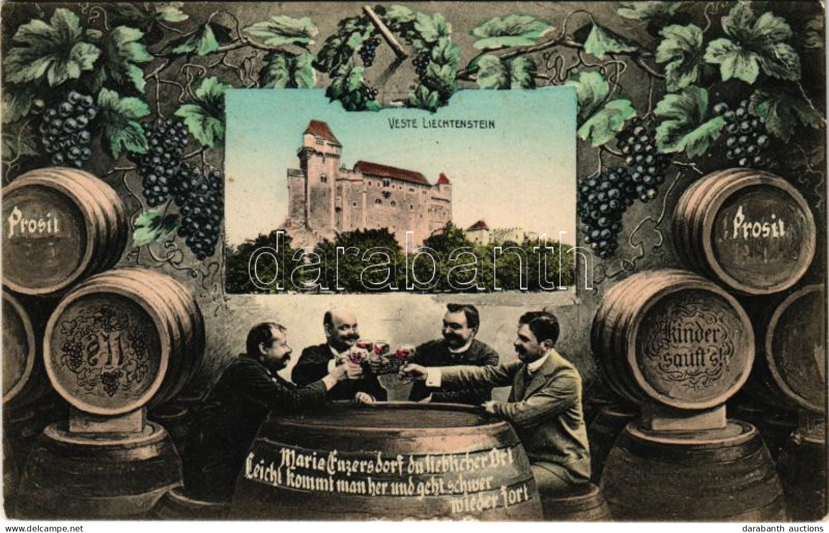 T2/T3 1909 Maria Enzersdorf, Veste Liechtenstein / Castle. Art Nouveau Montage With Wine Barrels And Drinking Men (EK) - Unclassified