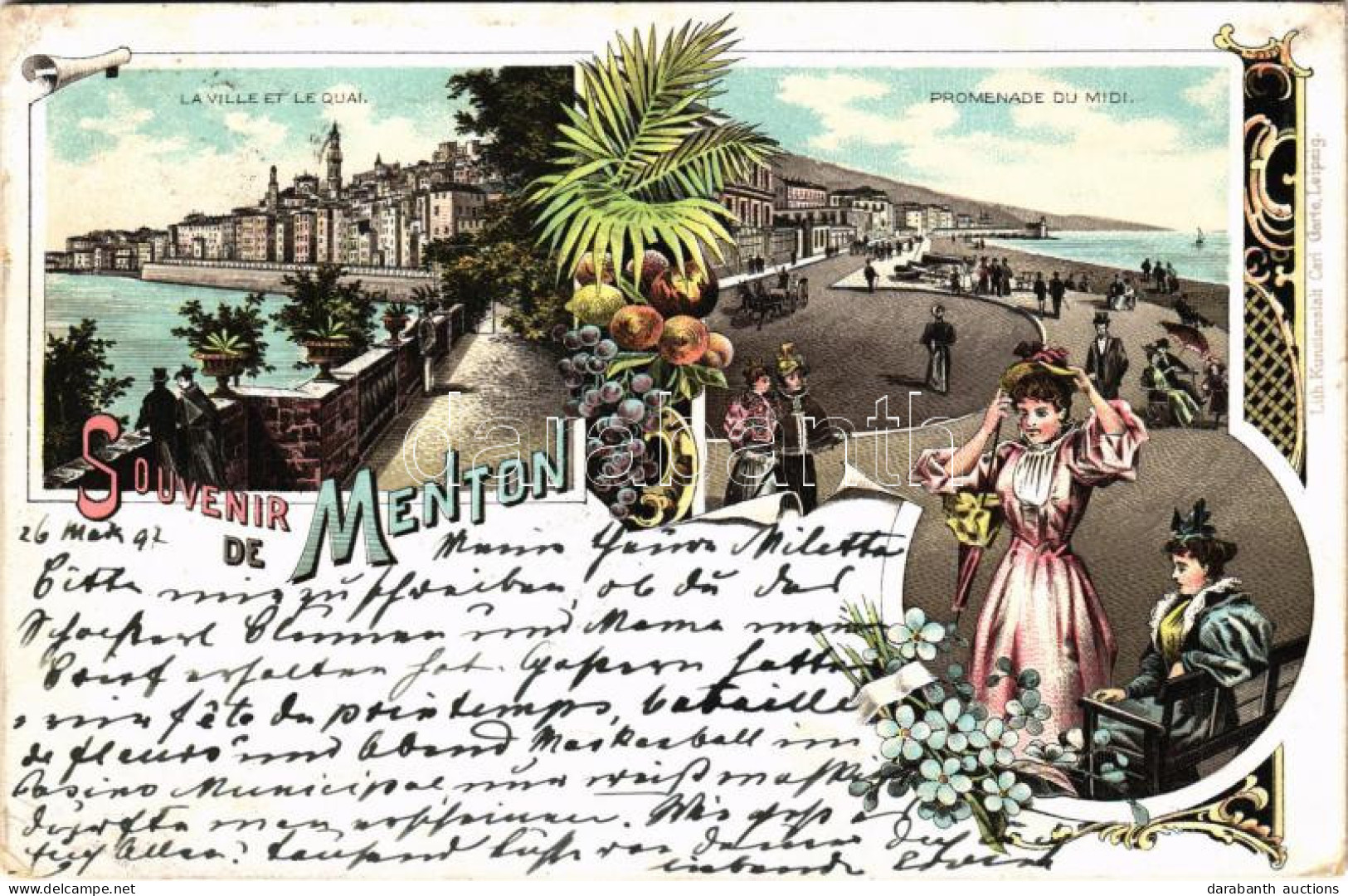 T2/T3 1897 (Vorläufer) Menton, La Ville Et Quai, Promenade Du Midi / Quay, Seaside Promenade. Carl Garte Art Nouveau, Fl - Non Classés