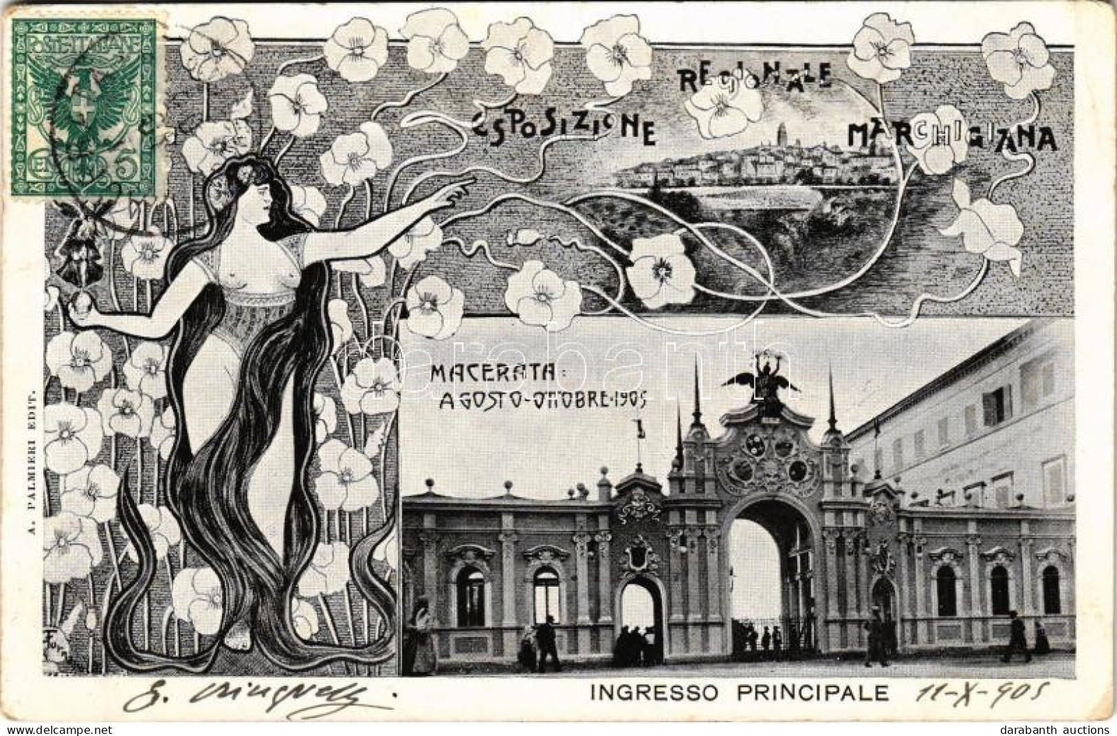 T2/T3 1905 Macerata, Regionale Esposizione Marchigiana, Ingresso Principale. A. Palmieri / Expo Advertisement. Art Nouve - Ohne Zuordnung