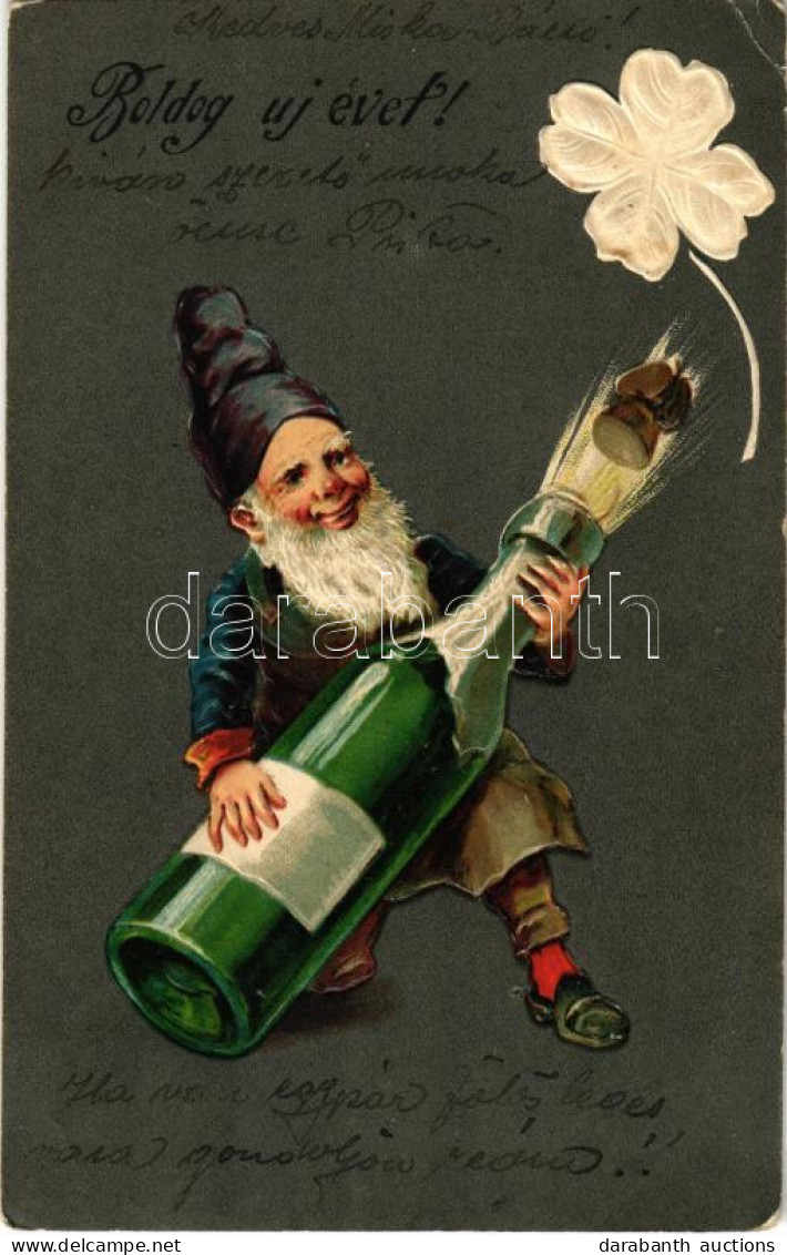 T2/T3 1905 Boldog új évet! Törpe Pezsgővel - Dombornyomott / New Year Greeting, Dwarf With A Bottle Of Champagne. Emboss - Non Classés