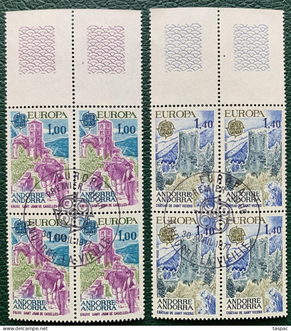 French Andorra 1977 Mi# 282-283 Used - Set In Bloks Of 4 - Europa / Landscapes - Oblitérés