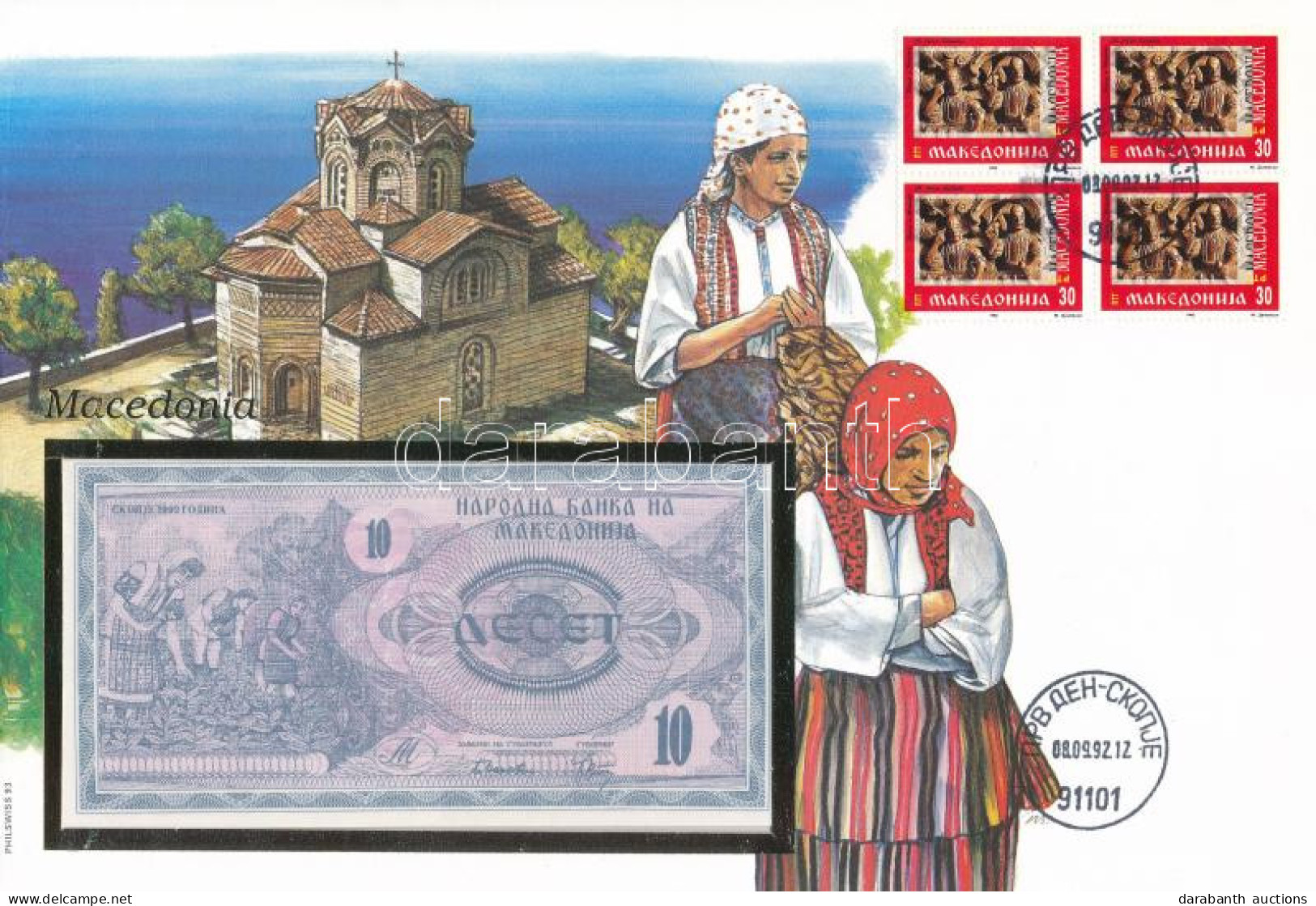 Macedónia 1992. 100D Borítékban, Alkalmi Bélyeggel és Bélyegzéssel T:UNC  Macedonia 1992. 100 Dinar In Envelope With Sta - Ohne Zuordnung