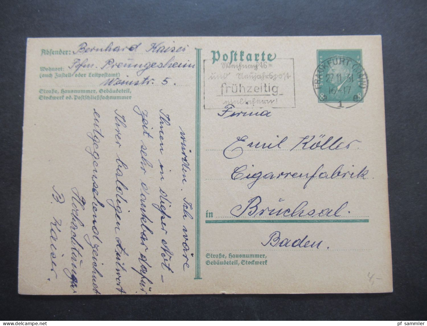 DR Weimar Ganzsache 27.11.1931 MS Frankfurt (Main) Weihnachts Und Neujahrspost Frühzeitig Einliefern! - Cartoline