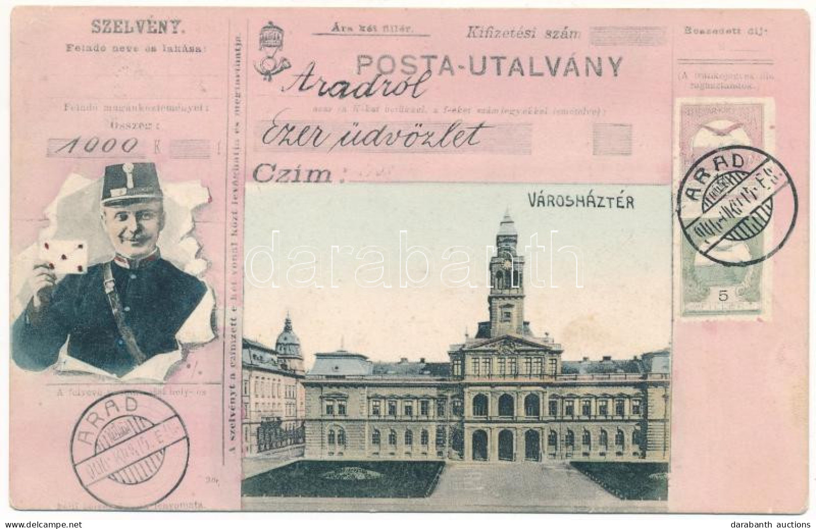 T2/T3 1906 Arad, Városháztér. Posta-Utalvány Montázs Postással. Kiadja Bloch H. / Town Hall Square. Art Nouveau Montage  - Ohne Zuordnung