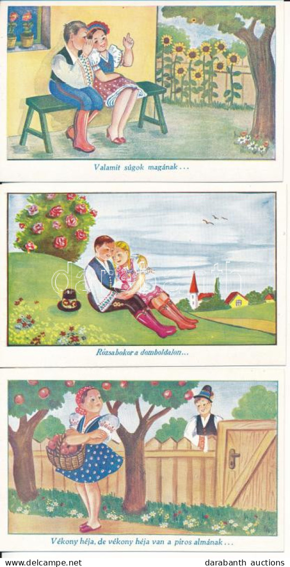 ** 3 Db RÉGI Magyar Népviseletes Folklór Művészlap: Nótás Grafika, Népdalok / 3 Pre-1945 Hungarian Folklore Art Postcard - Ohne Zuordnung