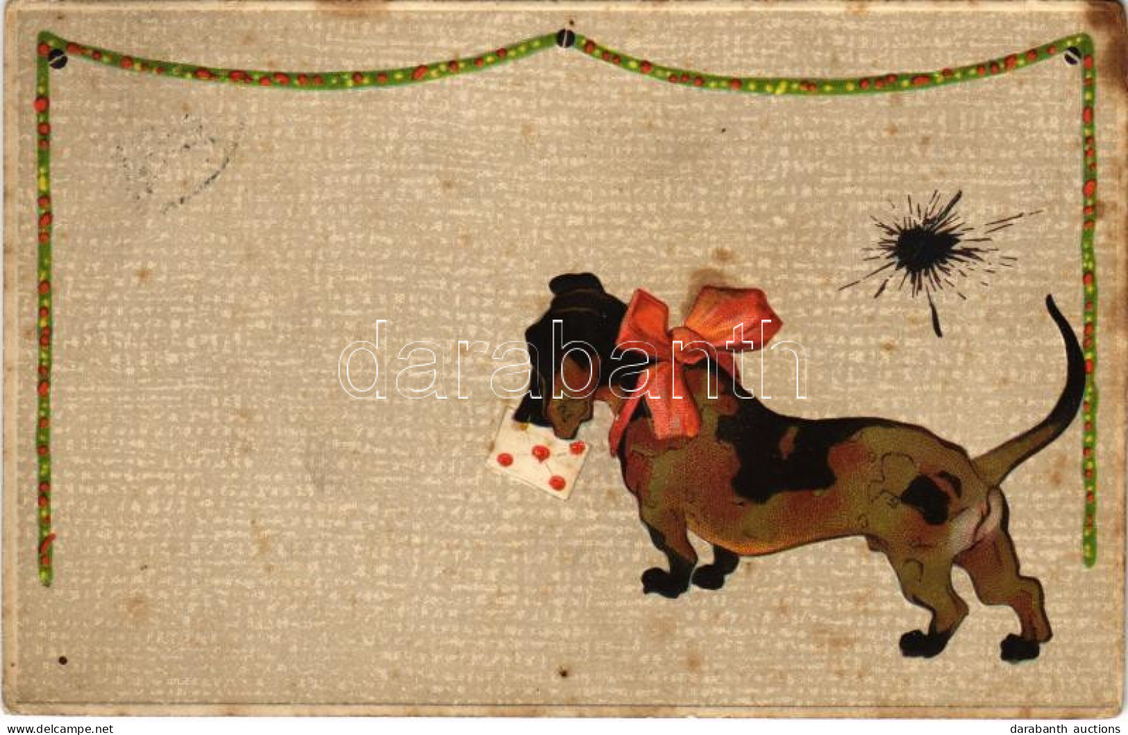 T4 1908 Dachshund Dog With Letter And Ribbon. Emb. Litho (lyukak / Pinholes) - Ohne Zuordnung