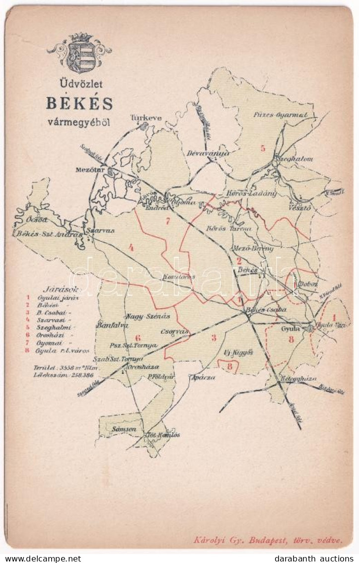** T2/T3 Békés Vármegye Térképe. Kiadja Károlyi Gy. / Map Of Békés County - Zonder Classificatie