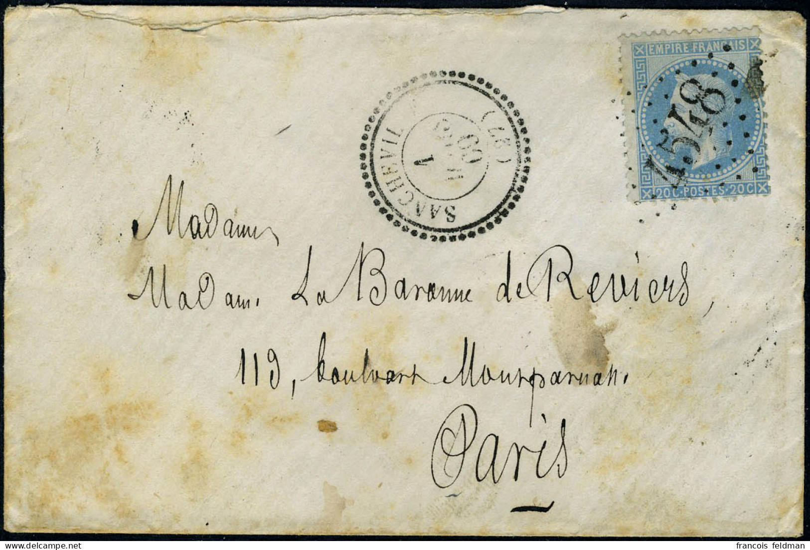 Lettre N° 29, 20c Bleu, S/lettre, OBL GC 4528 Sancheville, Très Belle Frappe, TB, Indice 15 - Autres & Non Classés