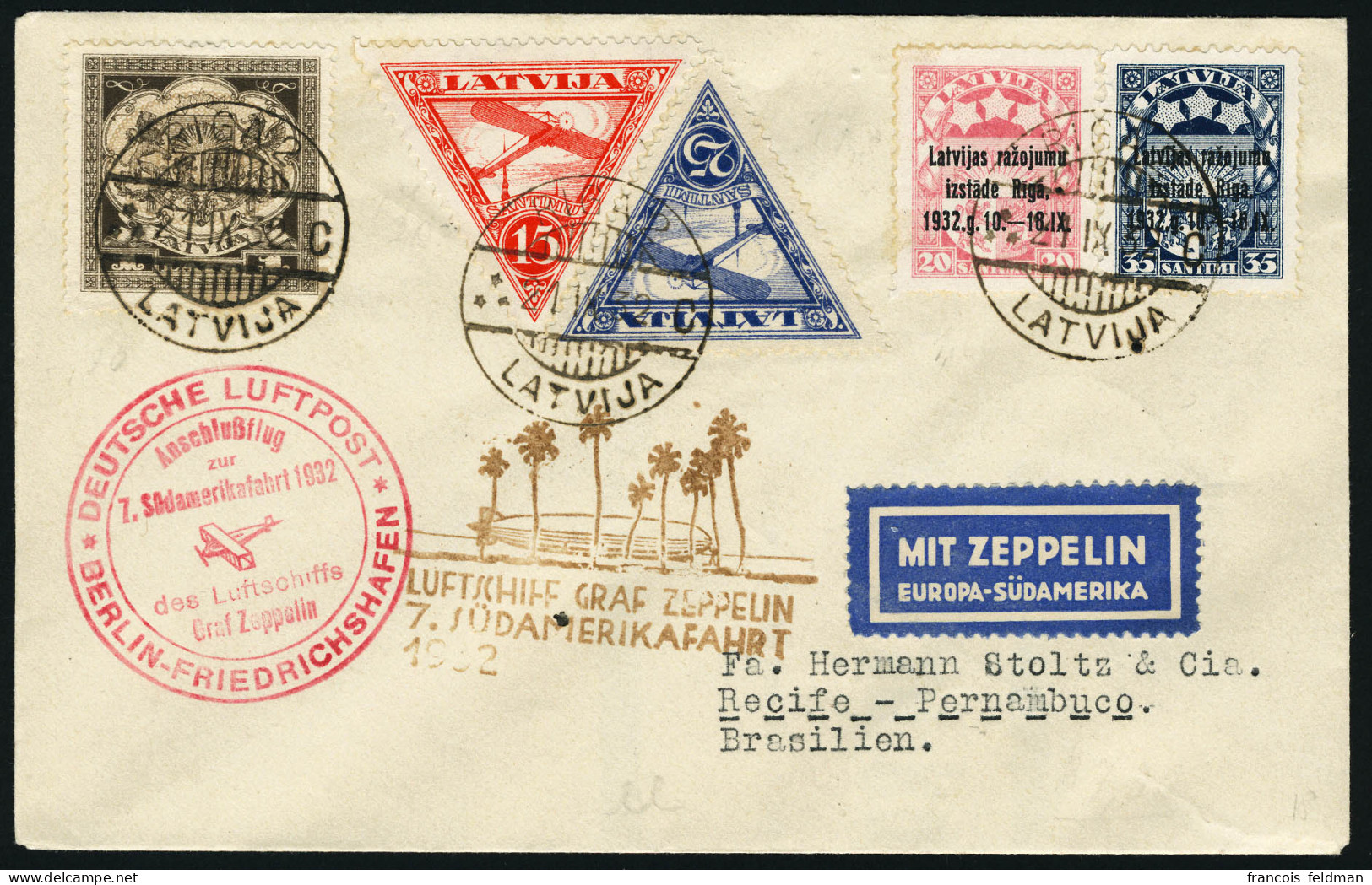 Lettre Zeppelin. 7. SAF 1932. Lettre Avec CàD Riga 21.IX.32 Pour Recife. Au Verso CàD De Transit De Berlin (24.9.32). Ar - Other & Unclassified