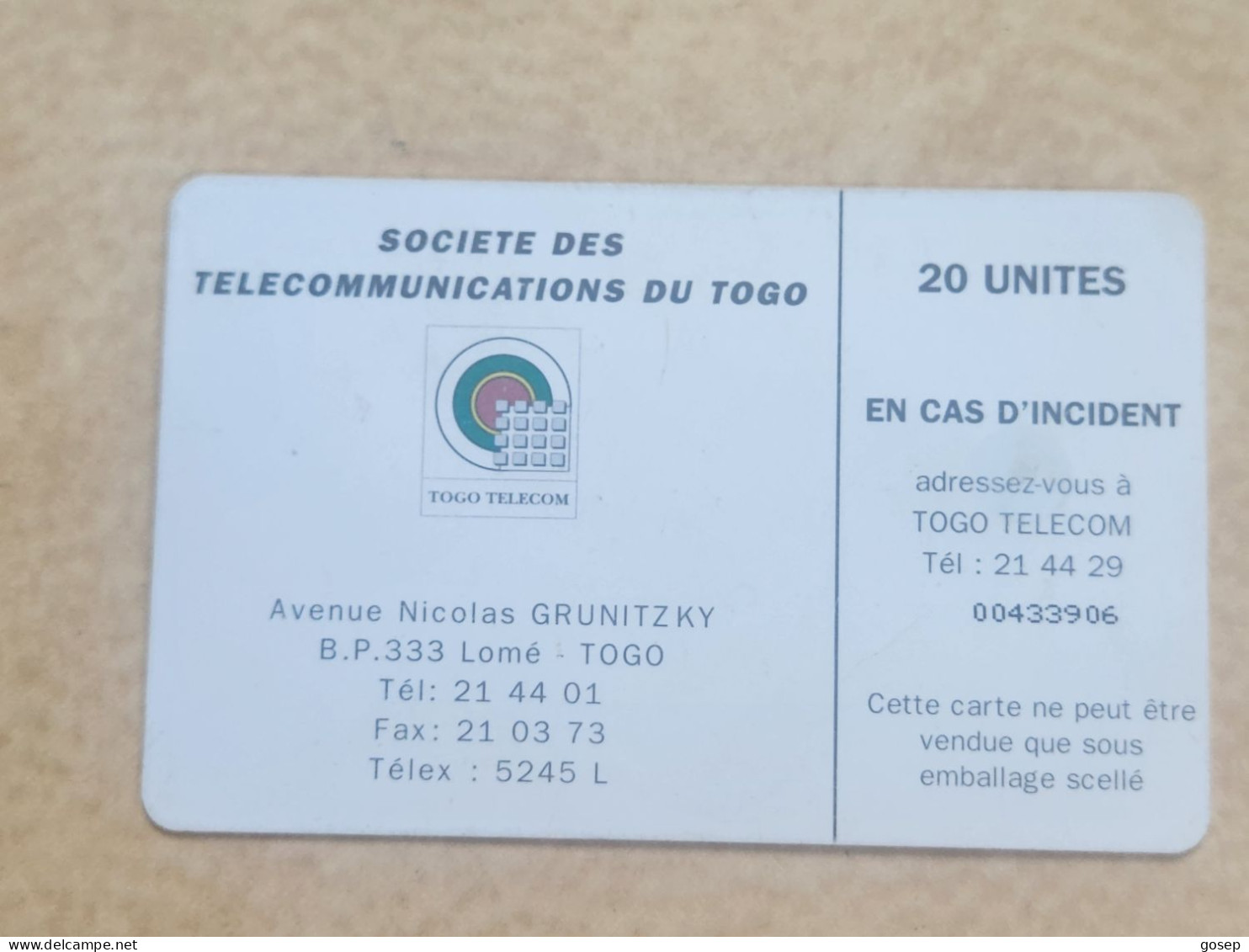 TOGO-(TG-OPT-0005A)-Earth Station 20-Reverse 2-(13)-(20units)-(00433906)-used Card+1card Prepiad Free - Togo