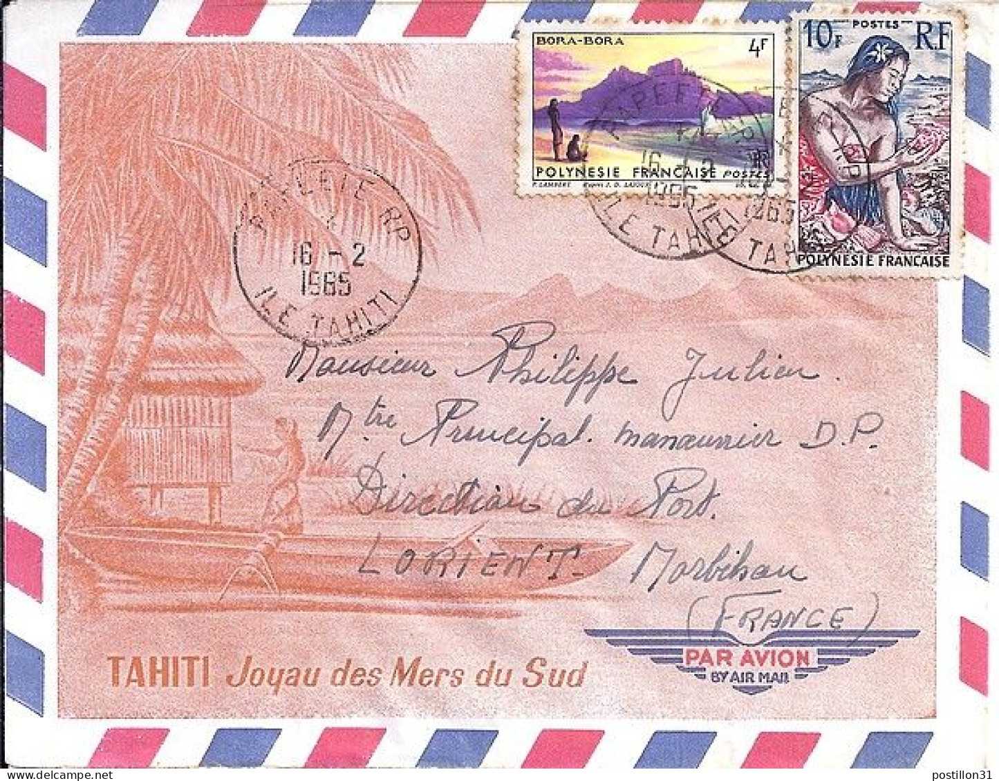 POLYNESIE N° 31/9 S/L. DE PAPEETE/16.2.65 POUR LA FRANCE - Covers & Documents