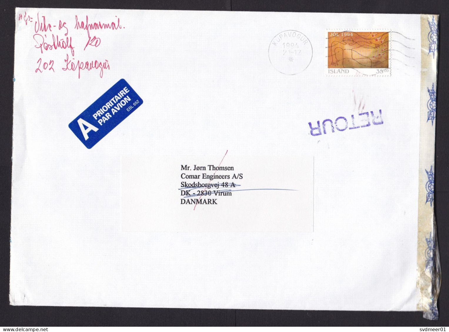Iceland: Airmail Cover To Denmark, 1994, 1 Stamp, Returned, Retour Label, Postal Tape, Opened For Address (minor Damage) - Brieven En Documenten