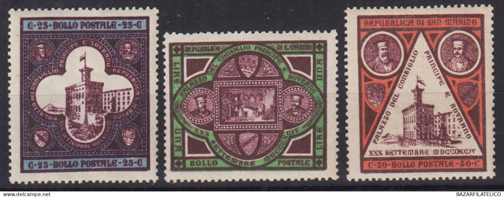 SAN MARINO 1894 PALAZZO DEL GOVERNO 3 V. G.I MNH** BEN CENTRATI CERT. - Nuovi