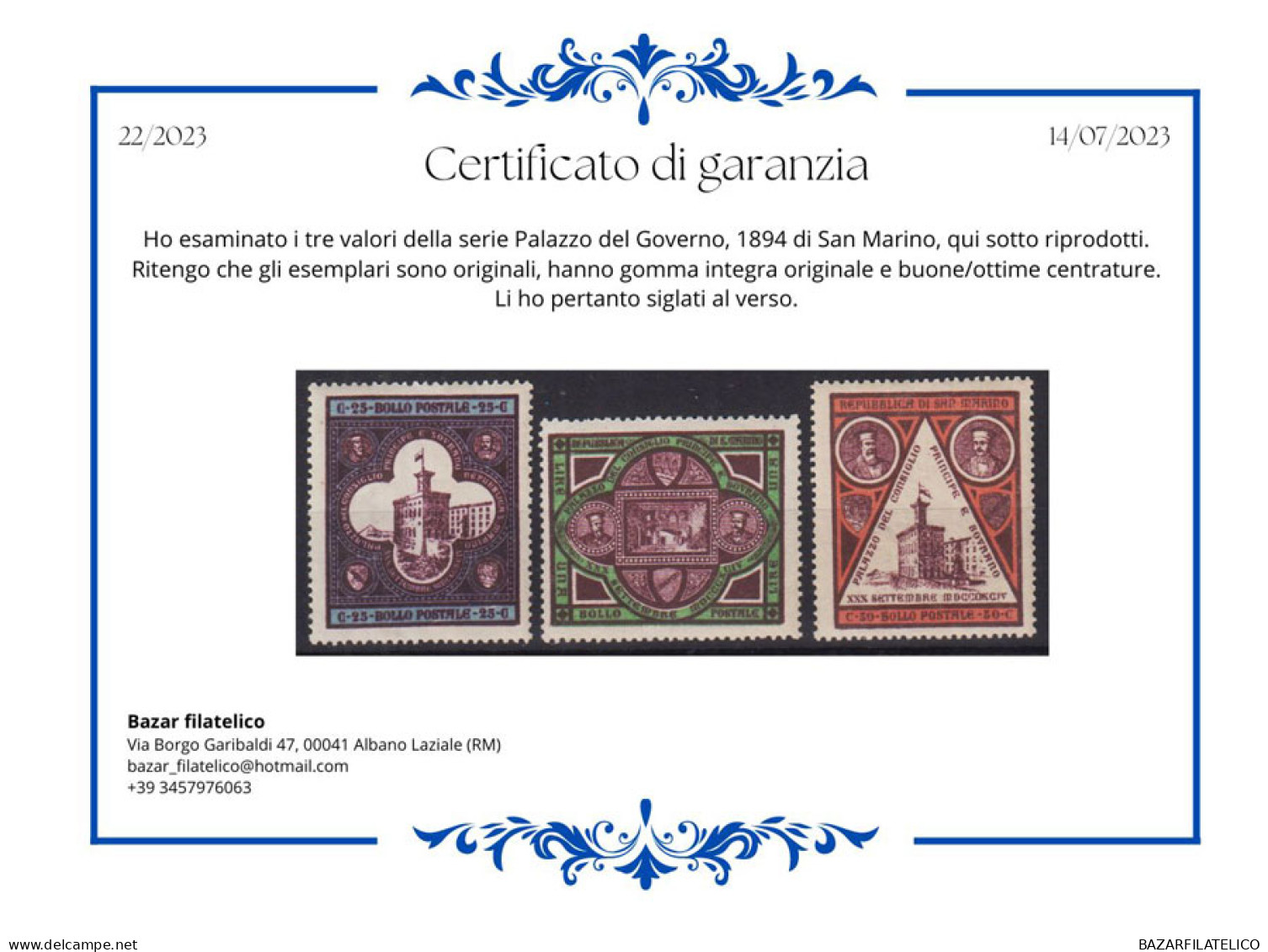 SAN MARINO 1894 PALAZZO DEL GOVERNO 3 V. G.I MNH** BEN CENTRATI CERT. - Ongebruikt