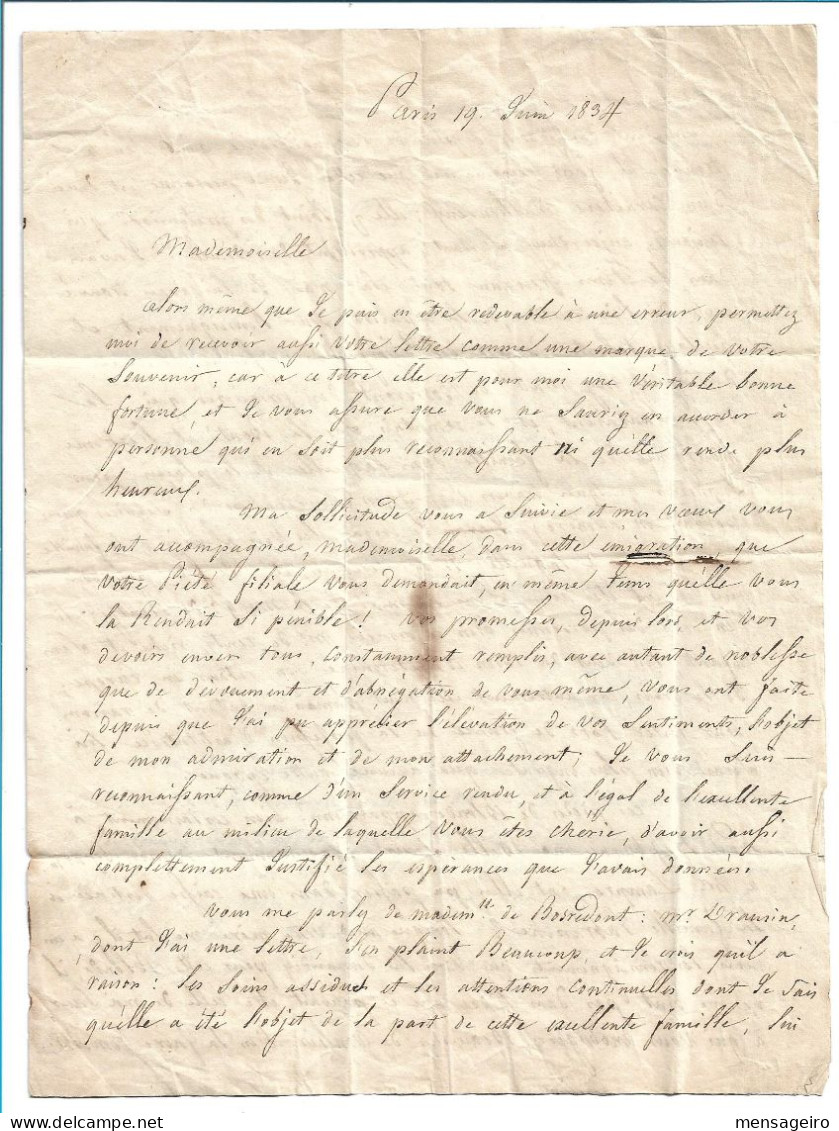 C09 - LETTER 1837 PARIS => NOUVELLE ORLEANS LOUISIANE LOUISIANA - WITHOUT POSTAL MARKS - …-1845 Prefilatelia