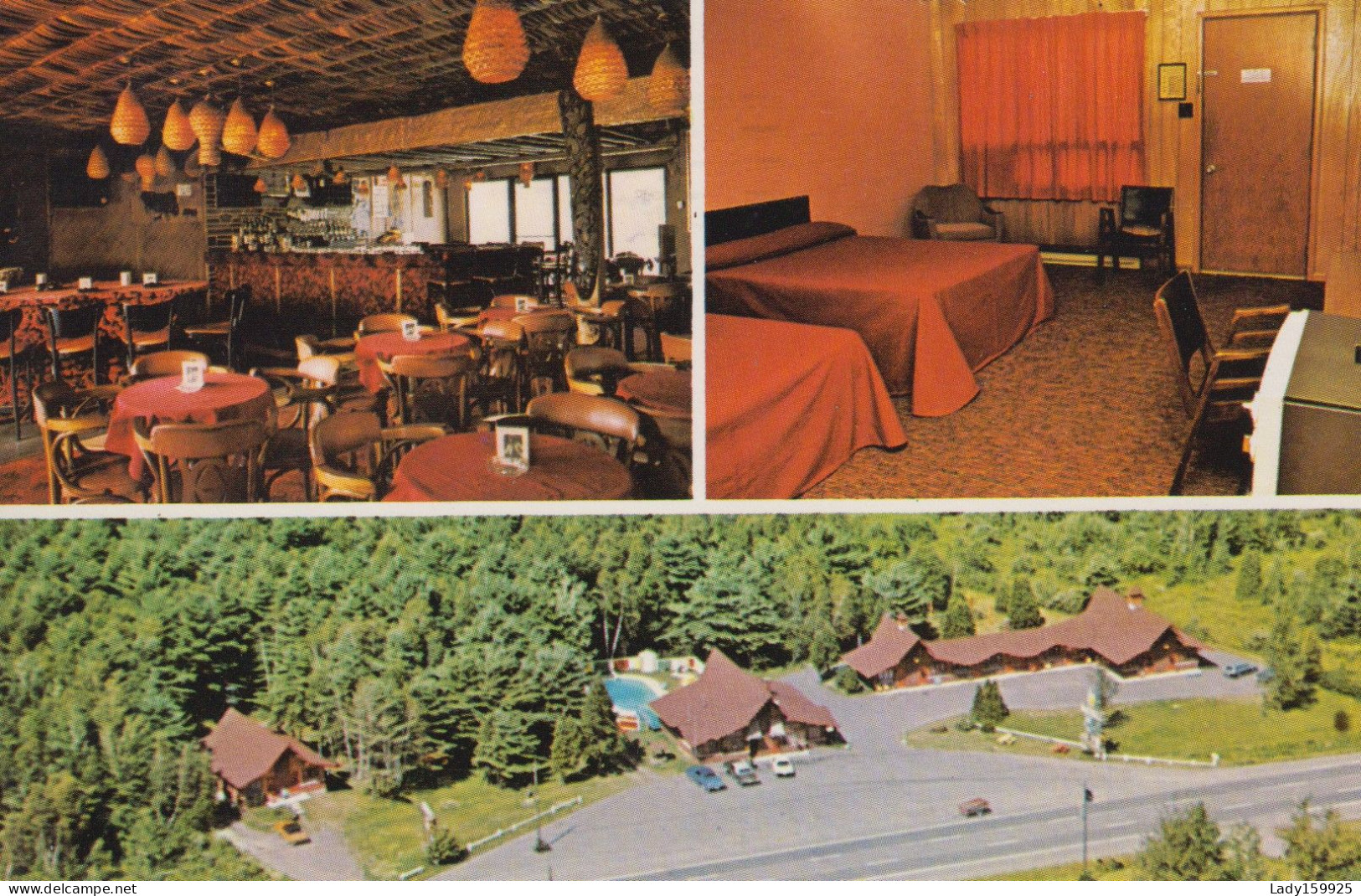 Motel Des Pins Granby Québec Canada Multi Vues, Vue Aérienne, Bois, Intérieur Chambre Rouge, Bar Table Ronde  2 Scans - Granby