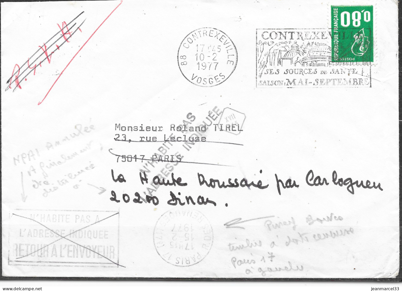 NPAI Mécanique Pitney Bowes De Paris 17 =o Annulé, Lettre Renvoyée Sur 20200 Dinar, Au Dos Empreinte De Paris 08 - Covers & Documents