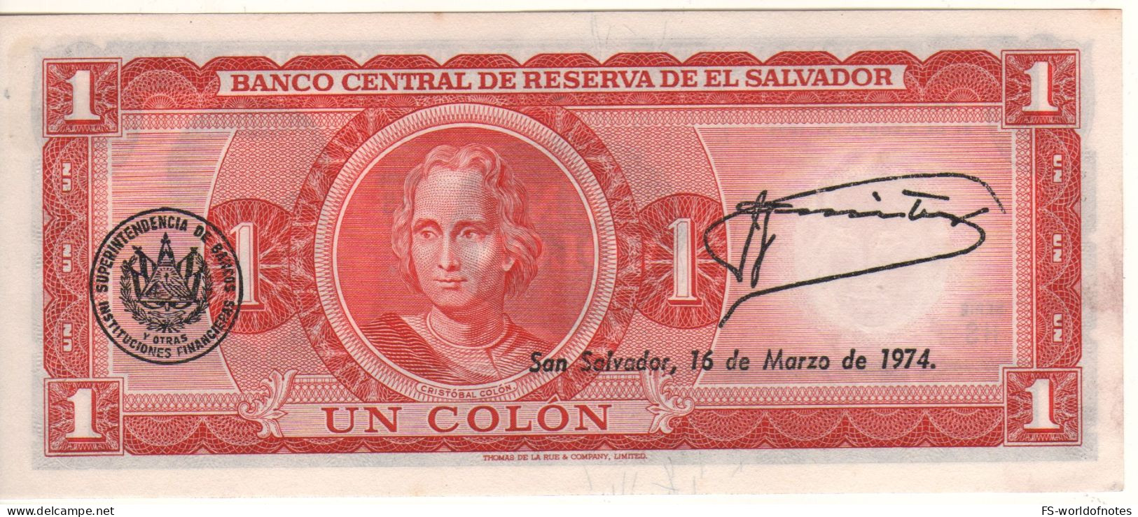 EL SALVADOR  1 Colon   P115a  ( 31.8.1971 - 16.3.1974 R. Juan José Simeón Cañas On Front - Cristopher  Columbus On Back) - Salvador