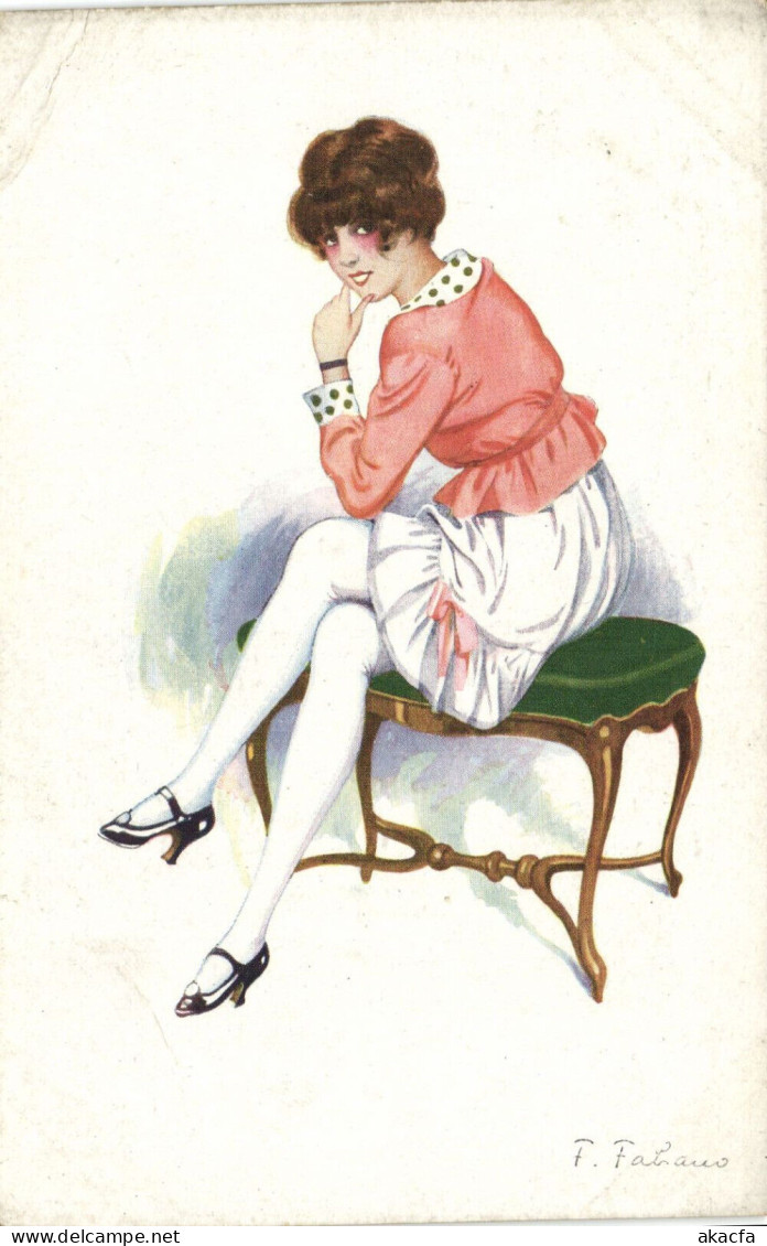 PC F. FABIANO, ARTIST SIGNED, GLAMOUR, LADY ON A CHAIR, Vintage Postcard(b49692) - Fabiano