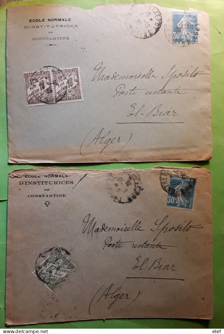 2 Lettres ENTREPOT CONSTANTINE Algerie Ecole Normale Semeuse 30 C No 17, TAXE Paire No 2 / No 3 > Poste Restante EL BIAR - Segnatasse