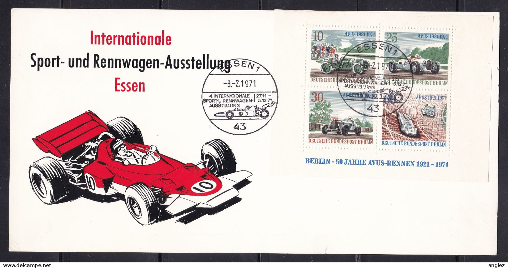 Germany - 1971 Essen Racing Car Exhibition Franked Berlin Miniature Sheet Pictorial Pmk - Blocks & Kleinbögen