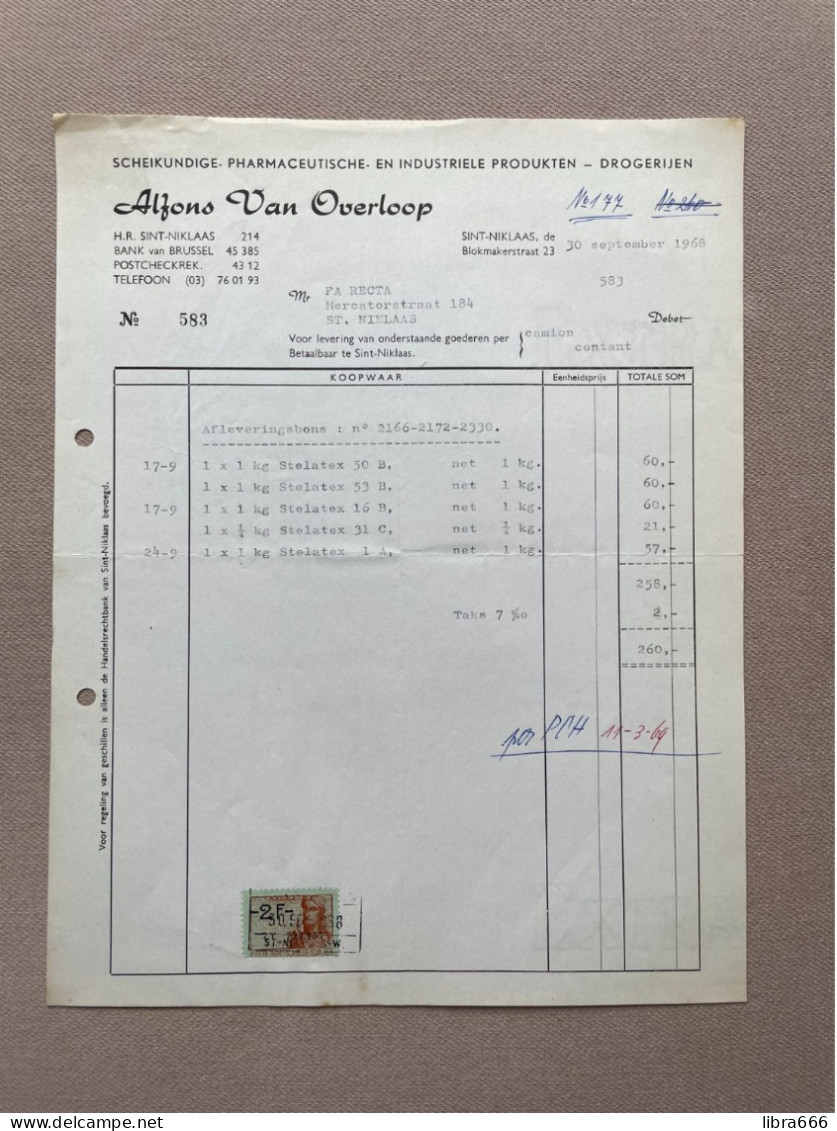 SINT-NIKLAAS - 1968 - Alfons VAN OVERLOOP - Scheikundige- Pharmaceutische- En Industriele Produkten (+ Fiscale Zegel) - 1950 - ...