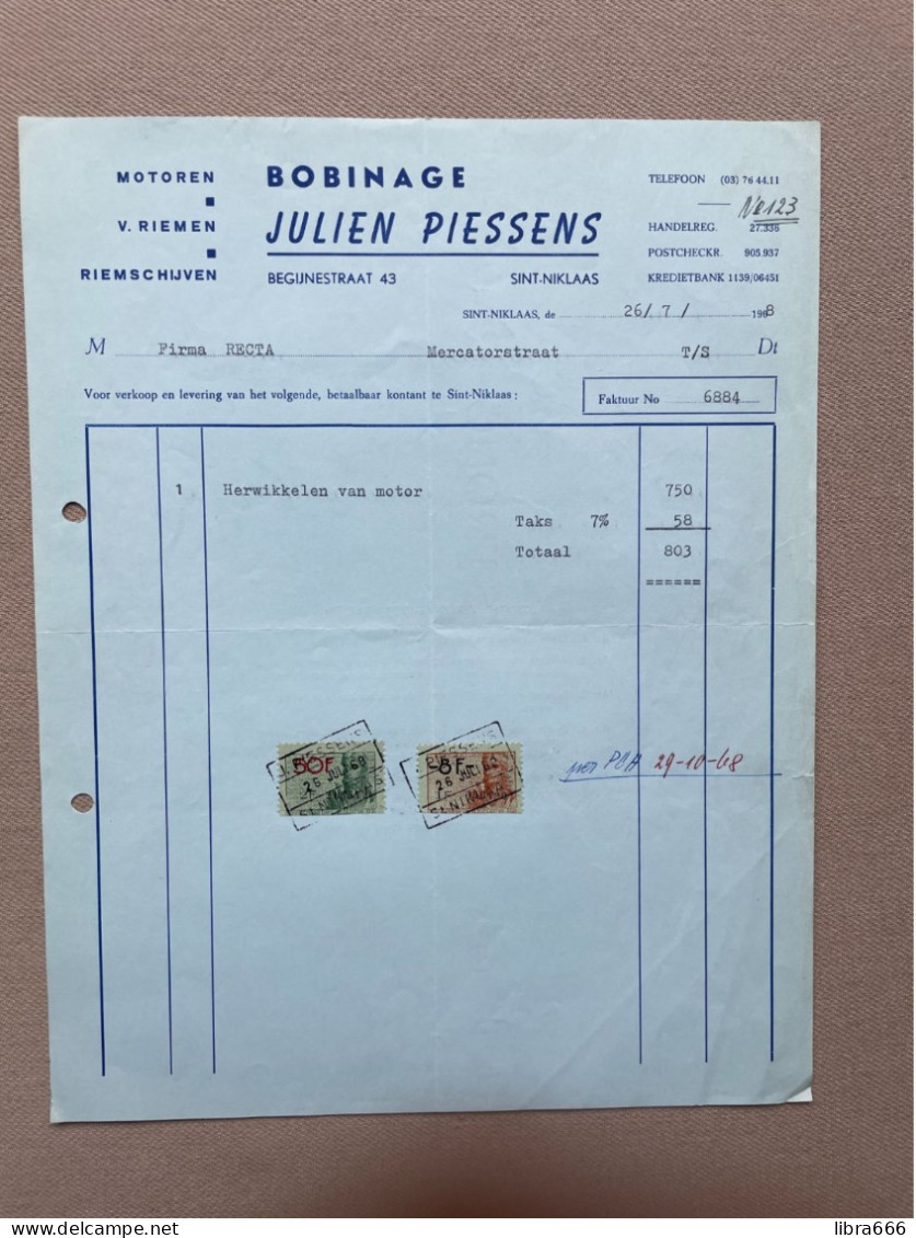 SINT-NIKLAAS - 1968 - JULIEN PIESSENS - Bobinage - Motoren - V. Riemen - Riemschijven (+ Fiscale Zegels) - 1950 - ...