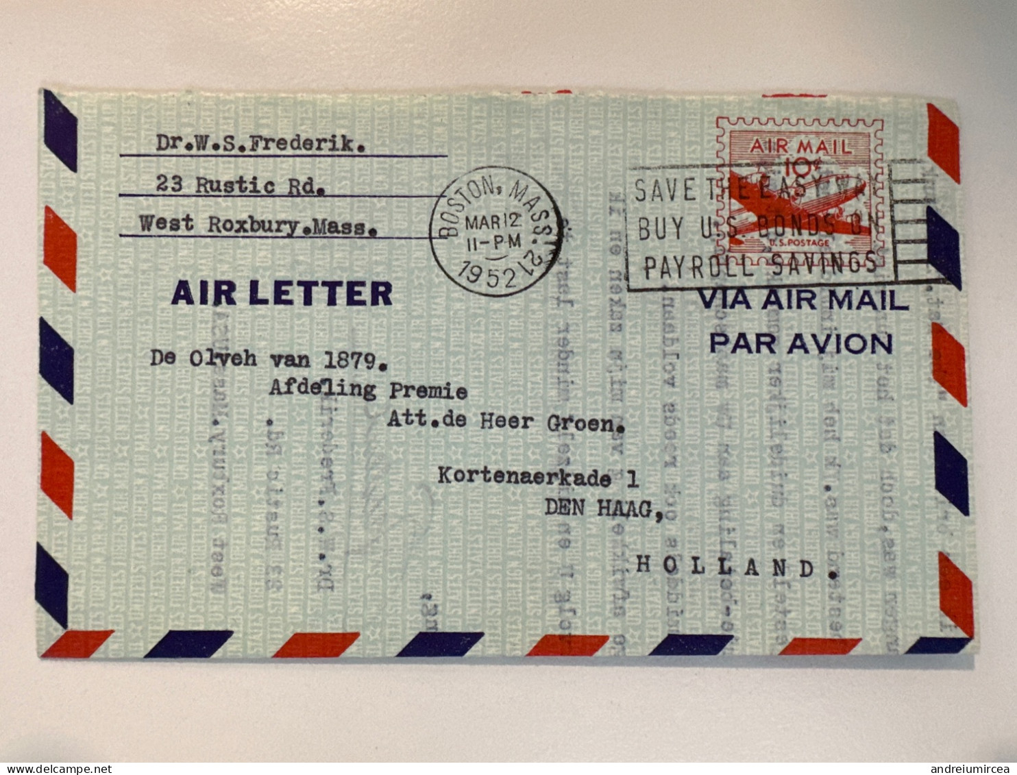 1952 Aerogramme Air Letter 10c To Holland - Sonstige & Ohne Zuordnung