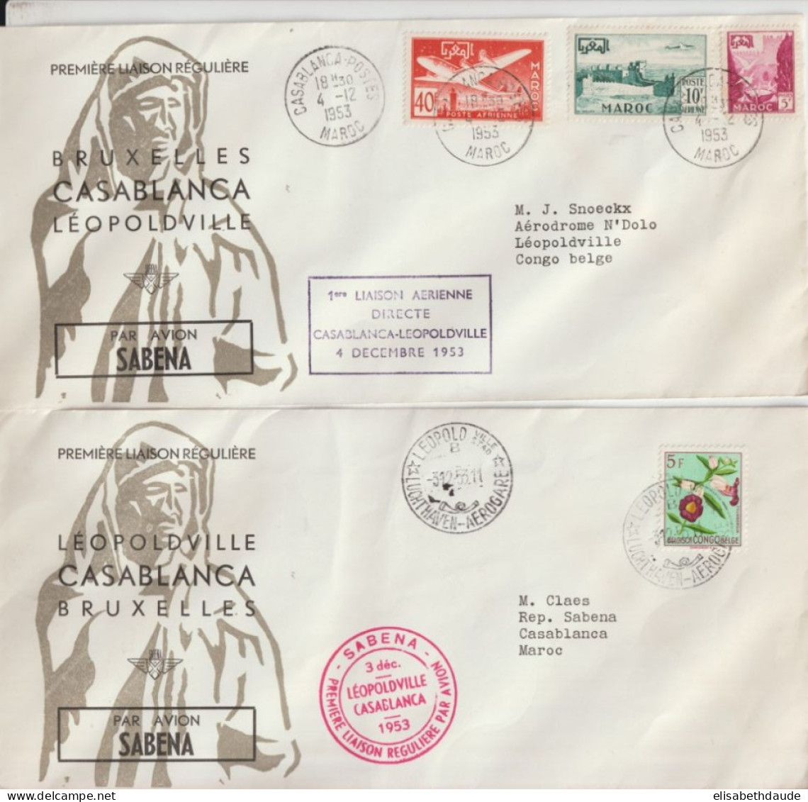 1953 - 1° VOL DIRECT SABENA CASABLANCA (MAROC) - LEOPOLDVILLE (CONGO BELGE) - ENVELOPPES ALLER ET RETOUR ! - Briefe U. Dokumente