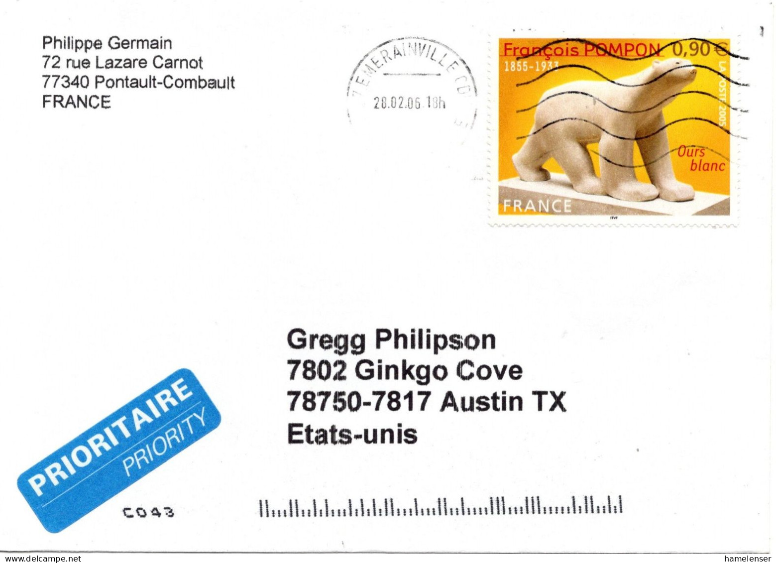 70783 - Frankreich - 2006 - €0,90 Eisbaer EF A LpBf EMERAINVILLE -> Austin, TX (USA) - Covers & Documents