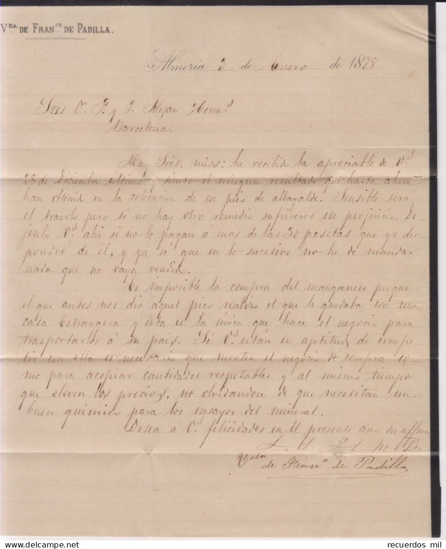 Año 1876 Edifil 175-183 Carta    Matasellos Almeria Viuda De F. De Padilla - Lettres & Documents