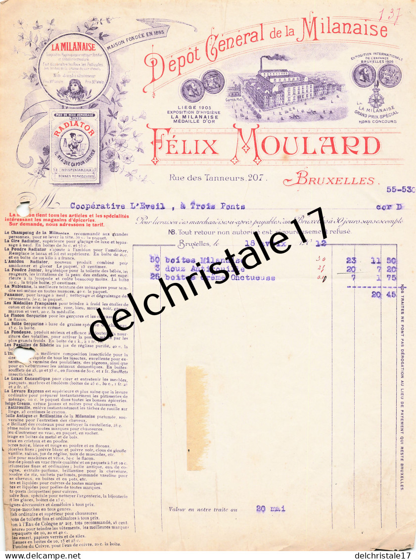 96 0540 BRUXELLES BELGIQUE 1912 Shampoing De La Milanaise Propreté De La Tête Maison Félix MOULARD Rue Des Tanneurs - Chemist's (drugstore) & Perfumery