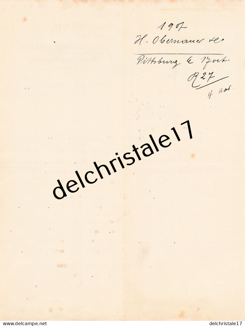 96 0457 PITTSBURGH ÉTATS-UNIS 1907 Fine Whiskies Distillers H. OBERNAUER & Co Av. Cor. STEVENSON Dest. MONNET & Co - Etats-Unis