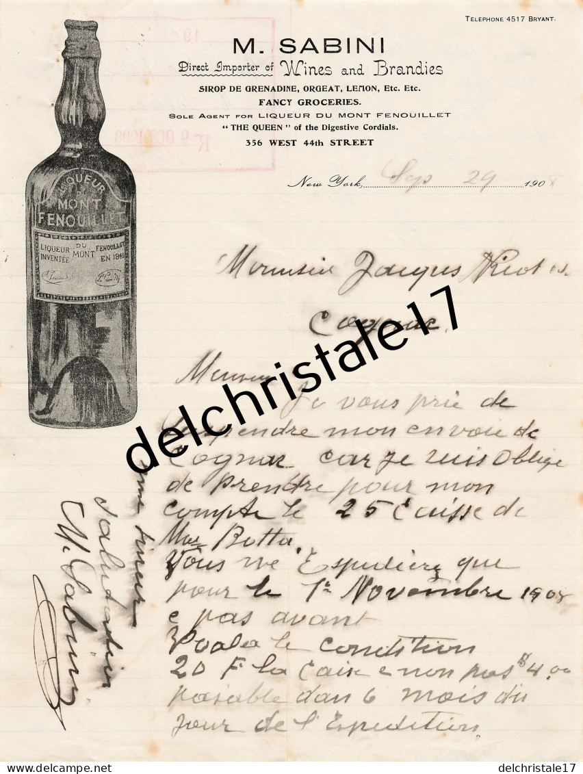 96 0453 NEW-YORK ÉTATS-UNIS 1908 Liqueur Du Mont Fenouillet M. SABINI Sirop Grenadine Orgeat Lemon … à NICOT & Co - USA