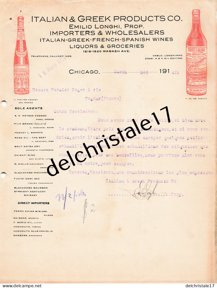 96 0433 CHICAGO ÉTATS-UNIS 1914 Italian & Greek Products Emilio LONGHI Wines Liquors & Groceries Wabash Avenue à MERCIER - Verenigde Staten