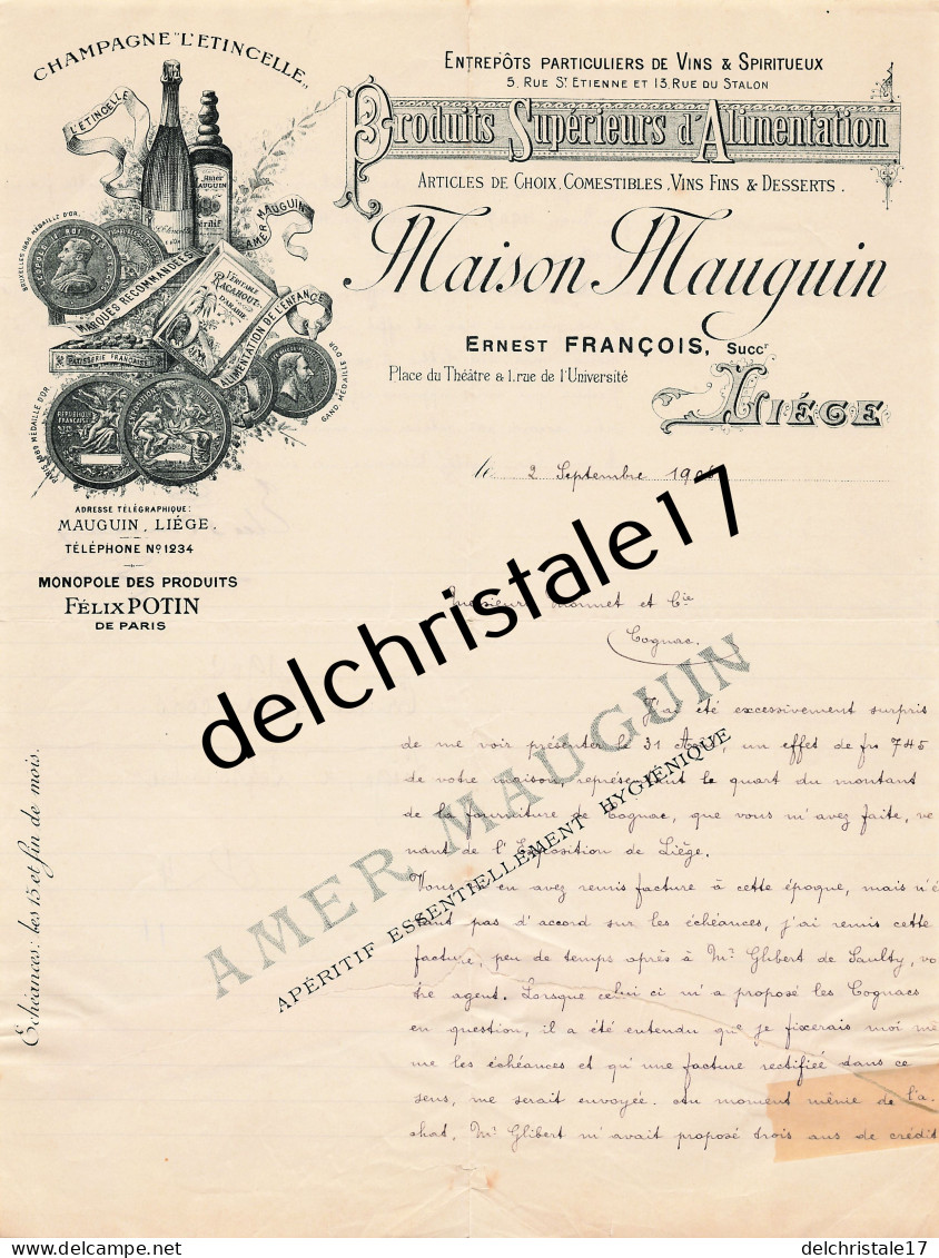 96 0363 LIÈGE BELGIQUE 1906 Alimentation Vins Spiritueux Champagne Ernest FRANÇOIS Succ MAUGUIN Pl Du Théatre à MONNET - Food