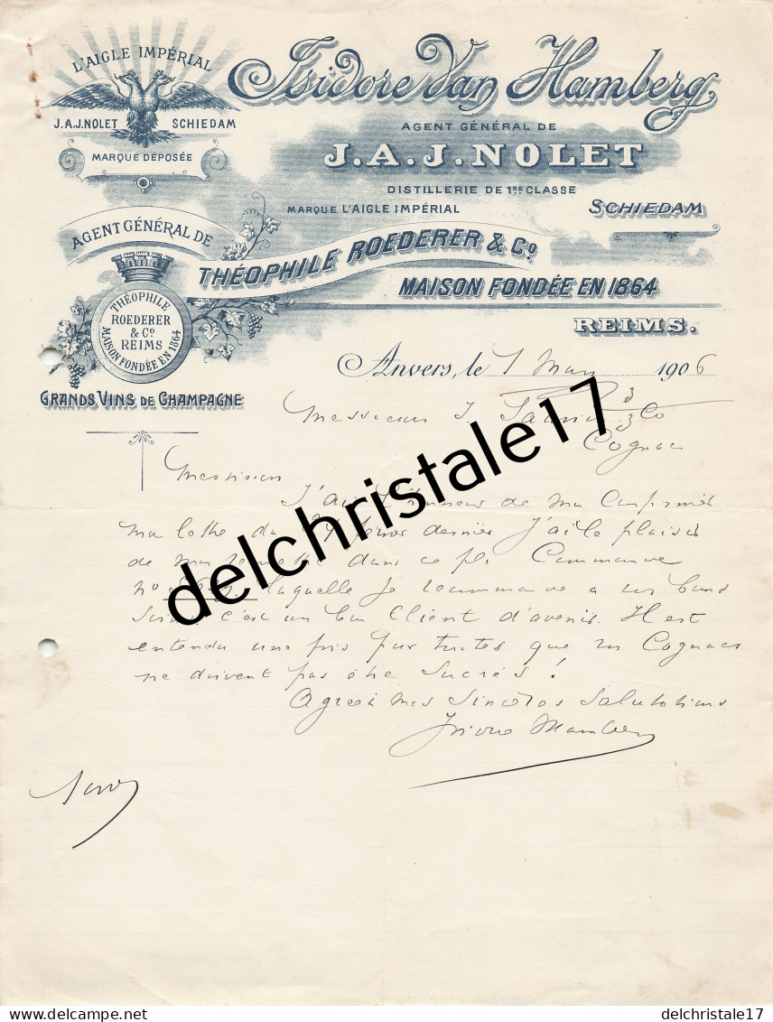 96 0234 ANVERS BELGIQUE 1906 Distillerie J.A.J. NOLET Agent Isidore VAN HAMBERG Marque AIGLE IMPÉRIAL à SAUVION - Food